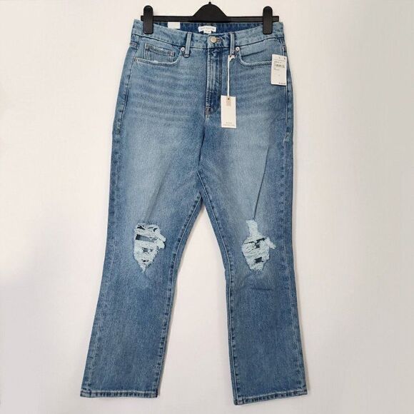 NWT Good American Size 10/30 Good Boy Jeans Indigo085 Destroyed Knee Crop Denim - Picture 3 of 9